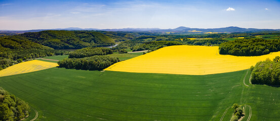 Aerial view of yellow rape fields in spring, Poland