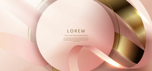 Abstract 3d gold curved ribbon on rose gold background with lighting effect and sparkle with copy space for text. Luxury design style.