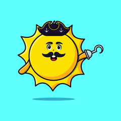 Cute cartoon pirate sun with hook hand in 3d modern style design