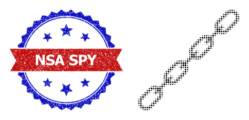 Halftone chain icon, and bicolor scratched NSA Spy seal stamp. Halftone chain icon is constructed with small spheric pixels. Vector seal with grunge bicolored style,