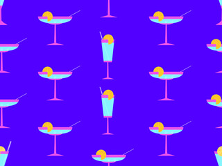 Cocktail with umbrellas 80s style seamless pattern. Alcoholic cocktails with umbrellas and orange slice. Design for bar menus, advertising materials and banners. Vector illustration