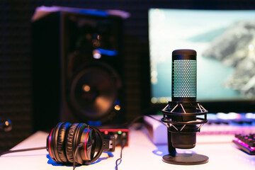 Close up studio condenser microphone with pop filter and anti-vibration live recording mount with...