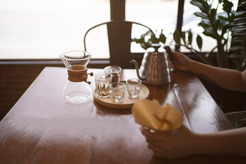 drip coffee. hot arabica coffee brew hand making process by professional,preparing for brewing drip...