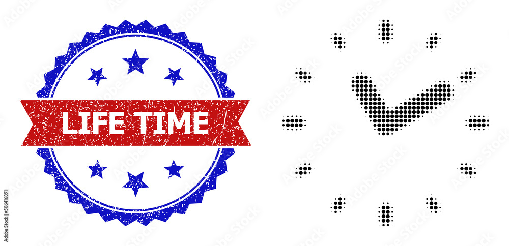 Poster halftone time icon, and bicolor grunge life time seal stamp. halftone time icon is designed with sma