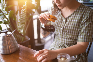 drip coffee. hot arabica coffee brew hand making process by professional,preparing for brewing drip coffee.
