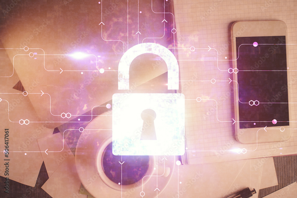 Poster double exposure of lock drawing over desktop. top view. security concept.