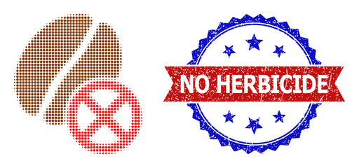 Halftone reject coffee bean icon, and bicolor grunge No Herbicide watermark. Halftone reject coffee bean icon is designed with small round dots. Vector seal with grunge bicolored style,