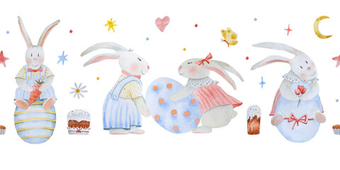 Easter seamless border pattern with hand-drawn cute Easter bunnies, Easter eggs, Easter cakes, butterfly, carrot, flowers and hearts. Watercolor, beautiful, seamless Easter background.