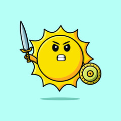 Cute cartoon character Sun holding sword and shield in modern style design