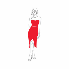 One line illustration. Woman in a dress. Single line art. Red dress