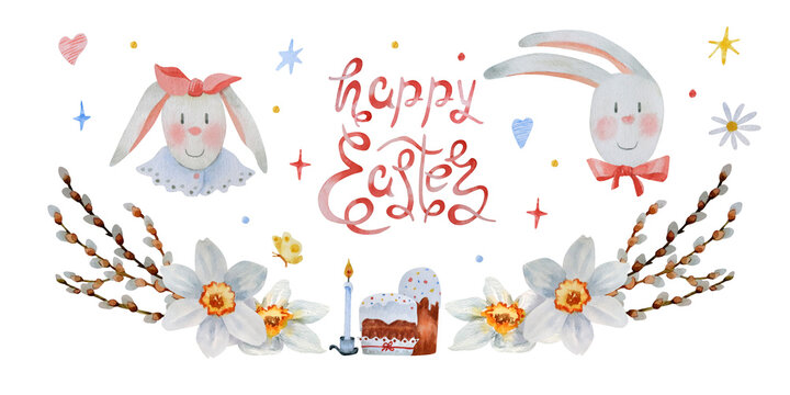 Watercolor print "Happy Easter". Cute hand-drawn spring illustration with Easter bunnies, cupcakes, flowers, willow branches and hearts. Clipart for the design of postcards, packaging
