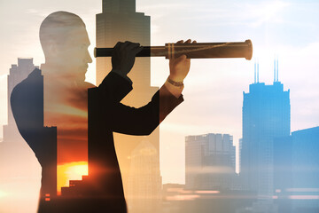 Abstract silhouette of man with telescope looking into the distance on bright city background with mock up place. Future, tomorrow, leadership and CEO concept. Double exposure.