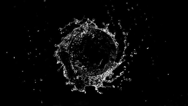 Super slow motion of splashing water rotation isolated on black background. Filmed on high speed cinema camera, 1000 fps.