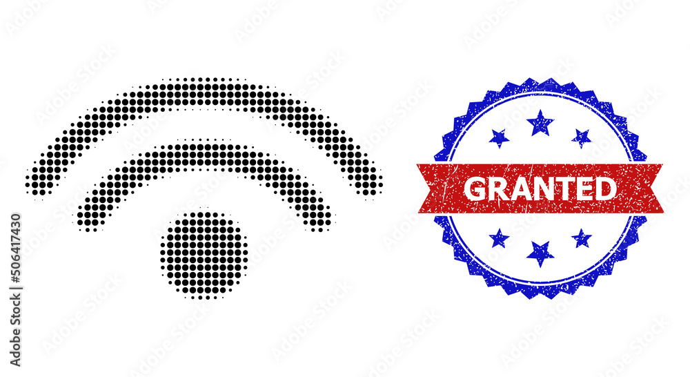 Poster halftone wifi source icon, and bicolor grunge granted watermark. halftone wifi source icon is constr