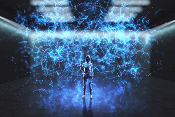 Hacker in hoodie standing in abstract interior with blue polygonal mesh. Technology, security and...