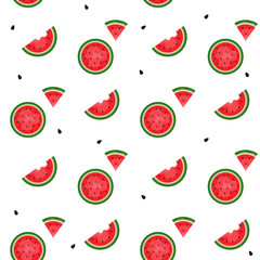 Watermelon background and seamless pattern, flat design of green leaves and flower and watermelon juice illustration, Fresh and juicy fruit concept of summer food.