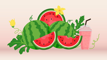 Watermelon and juicy slices vector, flat design of green leaves and flower and watermelon juice illustration, Fresh and juicy fruit concept of summer food.