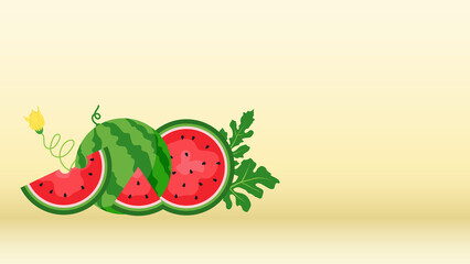 Watermelon and juicy slices banner, flat design of green leaves and watermelon flower illustration, Fresh and juicy fruit concept of summer food.