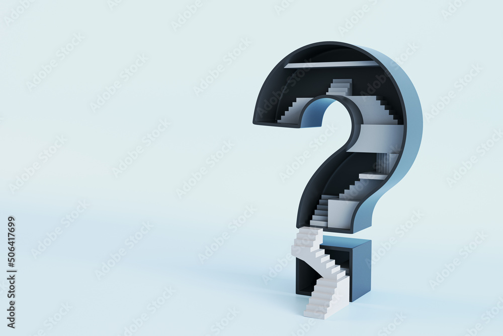 Poster psychoanalysis concept with white stairs in big blue question mark on light backdrop with space for 