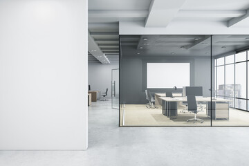Modern glass office interior with empty mock up place on wall, window and city view, furniture and equipment. Workplace concept. 3D Rendering.