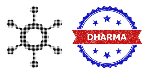 Halftone central connection icon, and bicolor textured Dharma seal. Halftone central connection icon is generated with small round dots. Vector seal with distress bicolored style,