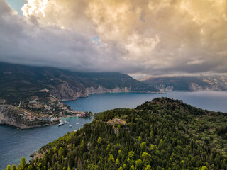 Obraz premium panoramic view of Assos, cephalonia island, greece by drone