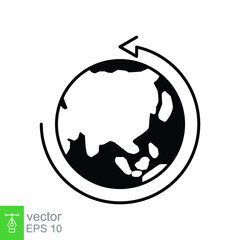 Earth globe icon. Simple solid style. Around planet with arrow. Glyph symbol. Vector illustration isolated on white background. EPS 10.