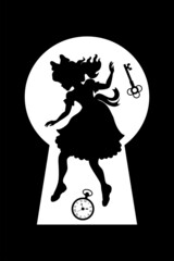 Alice falls down the rabbit hole through the keyhole. Vector illustration of wonderland. Black silhouettes isolated on a white background
