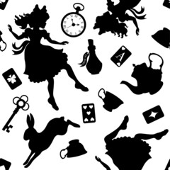 Wonderland seamless pattern. Black silhouettes Alice, rabbit, key, tea cup and other  on a white background. Texture for fabric, wallpaper, decorative print
