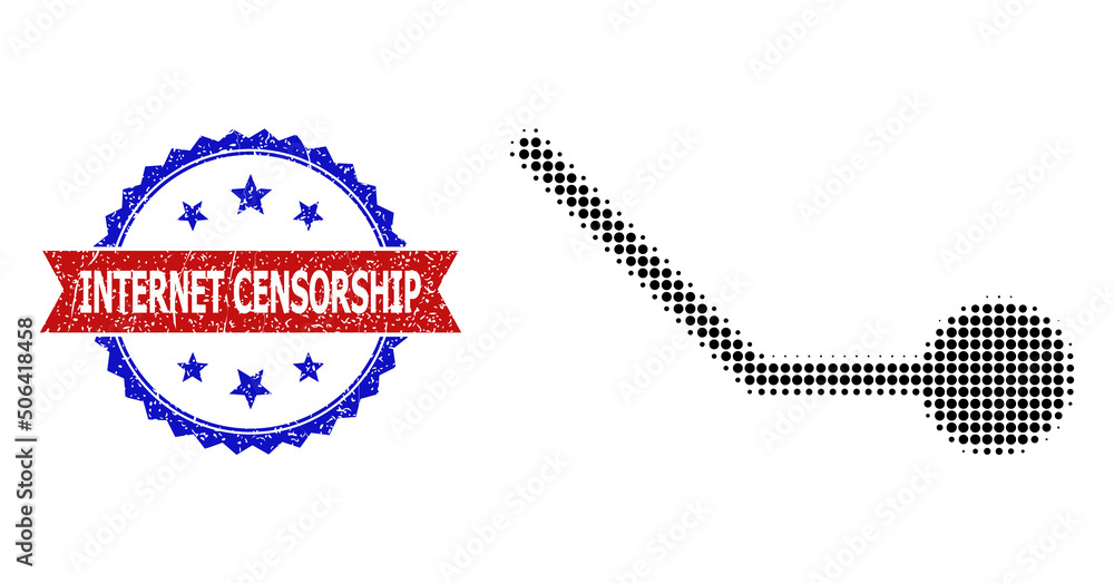 Poster halftone circuit link icon, and bicolor rubber internet censorship seal. halftone circuit link icon 