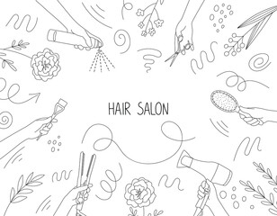Frame of hairdressing tools in hands of stylist. Hair salon accessories, hair dryer, comb, scissors and doodle. Template for design, information, business card
