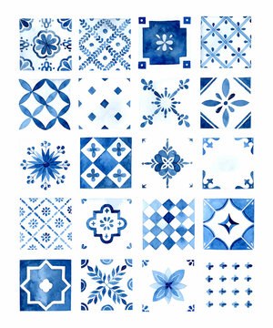 Watercolor Mediterranean blue tiles hand drawn elements set isolated
