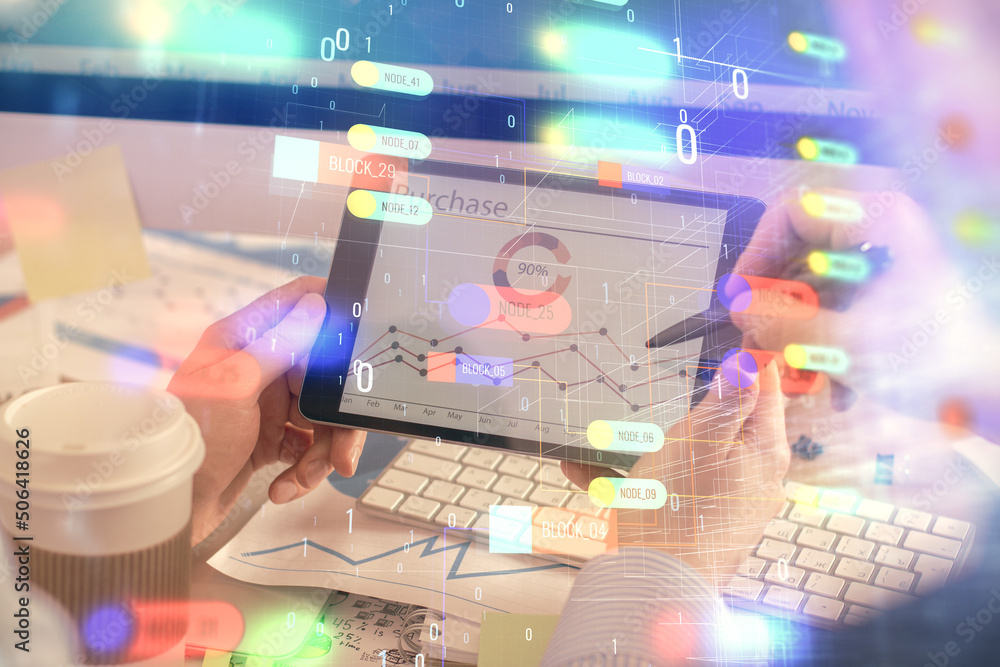 Poster multi exposure of man's hands holding and using a digital device and data theme drawing. innovation 