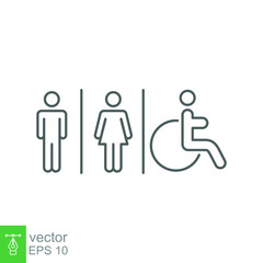 Male, female, handicap toilet sign icon. WC, unisex bathroom concept. Vector illustration isolated on white background. EPS 10.
