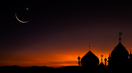 Dome mosques on dusk sky after sundown twilight with crescent moon free space for religion Islamic...