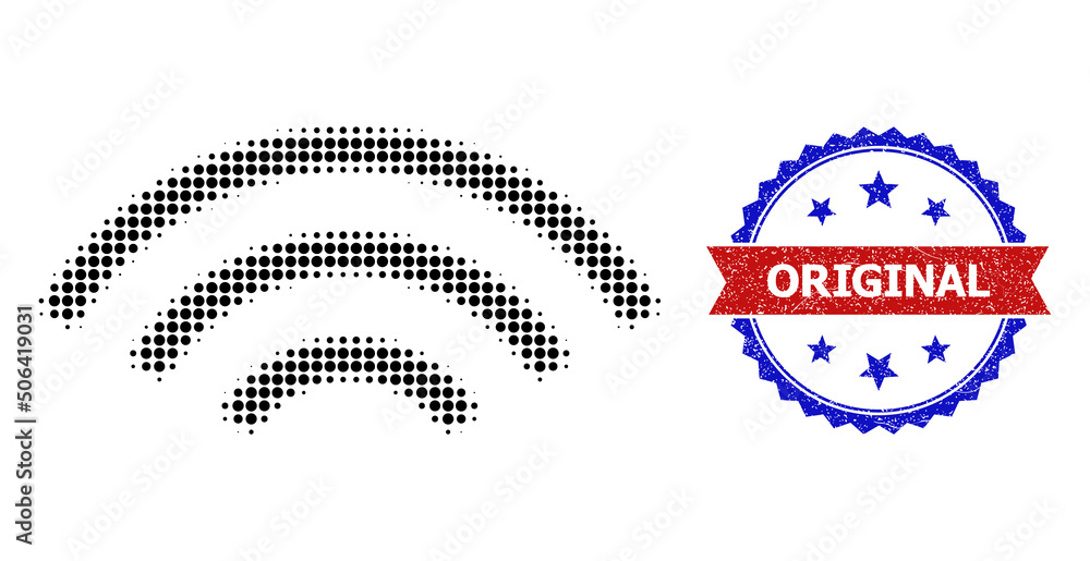 Poster halftone broadcasting waves icon, and bicolor dirty original seal stamp. halftone broadcasting waves