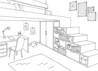 Children room graphic black white home interior sketch illustration vector 