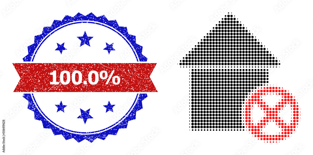 Poster halftone wrong house icon, and bicolor scratched 100.0% seal. halftone wrong house icon is designed 