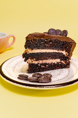 Chocolate cake with cocoa chips and cup