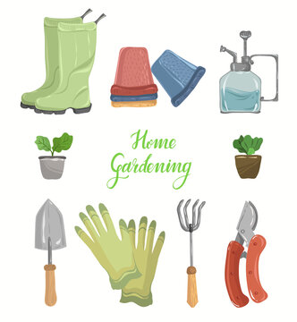 Home gardening.Vector illustration. Different garden tools, potted flowers , handmade, postcard, print on t-shirt, stickers