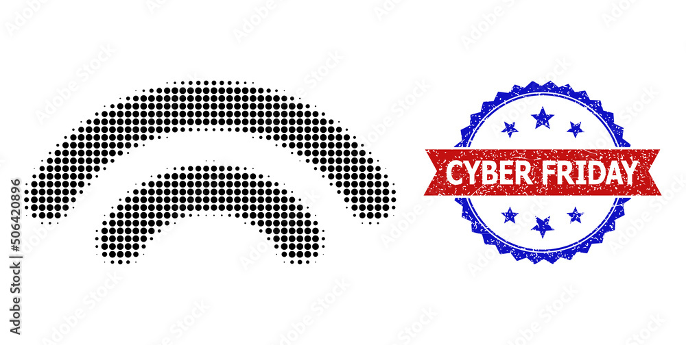 Poster halftone wifi signal icon, and bicolor rubber cyber friday seal stamp. halftone wifi signal icon is 