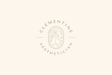 Minimalist esoteric elegant woman with half moon and stars decorative frame linear logo vector