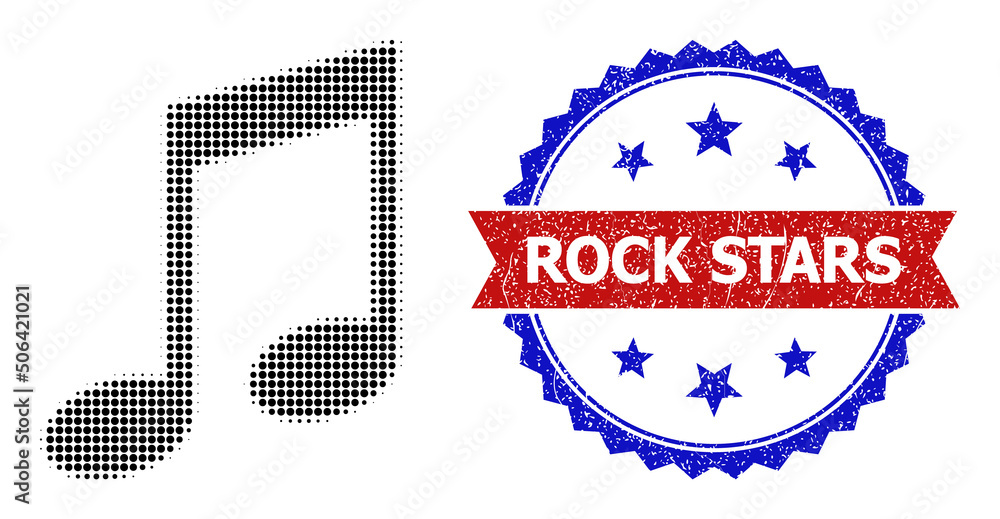 Poster halftone music notation icon, and bicolor scratched rock stars seal stamp. halftone music notation i