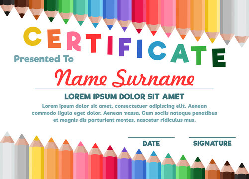 Children's certificate on the background of colored pencils, with the winner's cup. Template for diploma, announcement, certificate of honor, award. Vector illustration