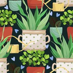 Home gardening.Vector illustration. Different home plants, watering can, handmade, dark background, seamless pattern