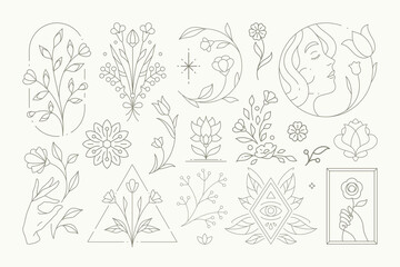 Hand drawn monochrome esoteric line art botanical emblem set woman beauty wellness spa salon