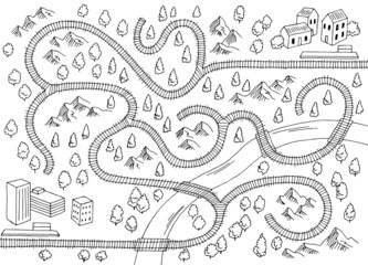 Railroad maze graphic black white sketch top aerial view illustration vector