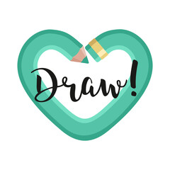 A green heart made of pencil, a sign of love for drawing and creativity. Vector illustration