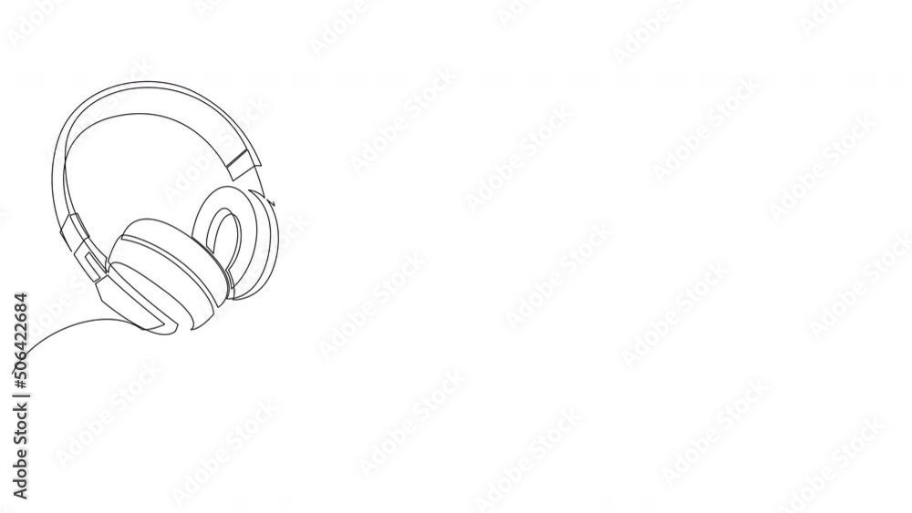 Poster continuous drawing one line animation of headphone with notes on white background. one line art