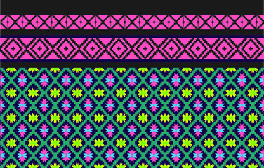 Oriental design with a geometric ethnic pattern on a dark midnight navy background. Traditional geometric abstract in pink, white, yellow, and green for handcrafted wallpaper, carpets, apparel